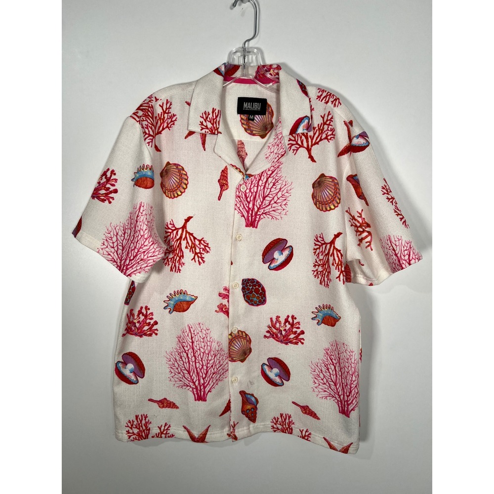 Colorful Woven White Coral Seashell Button Up Shirt Coastal Fun Medium